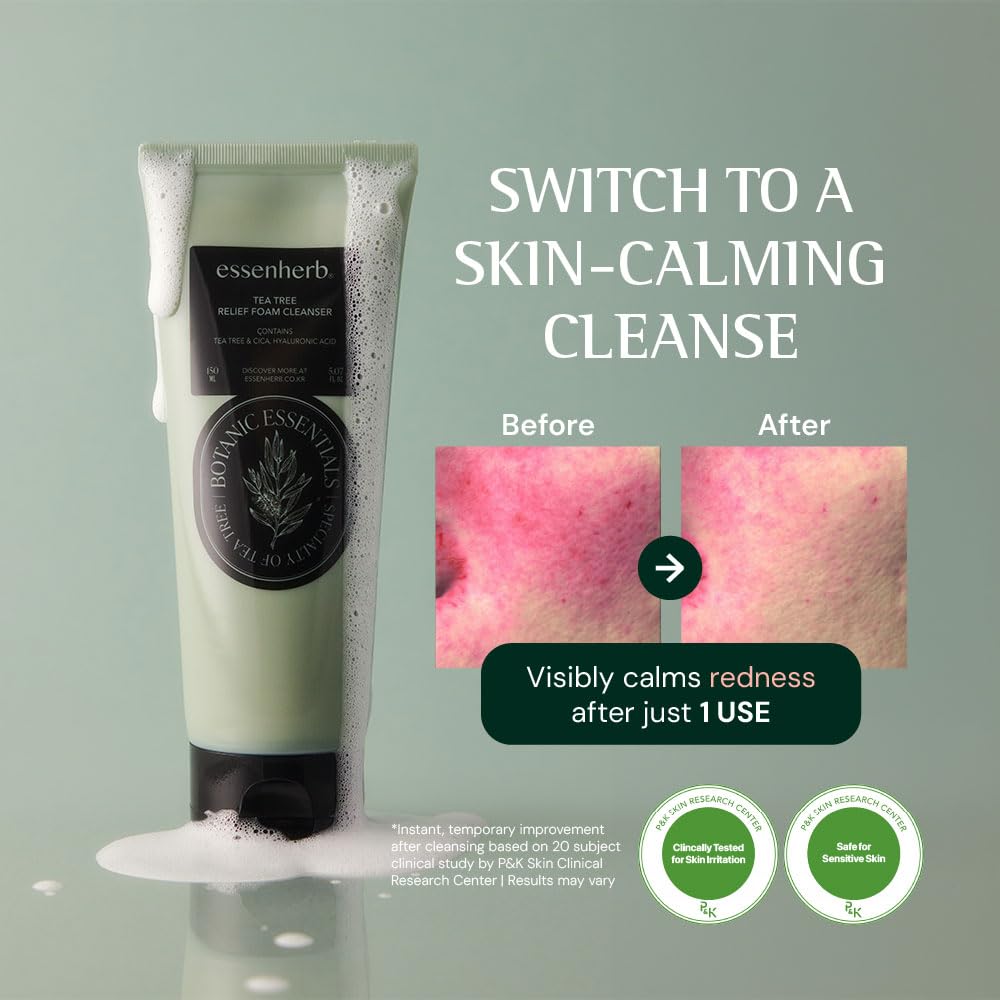 Tea Tree Relief Foam Cleanser for Acne-Prone & Sensitive Skin | Gentle Daily Face Wash with 5-Type Cica Complex | Soothes Redness, Minimizes Pores & Hydrates | Korean Skincare 5.07 fl oz